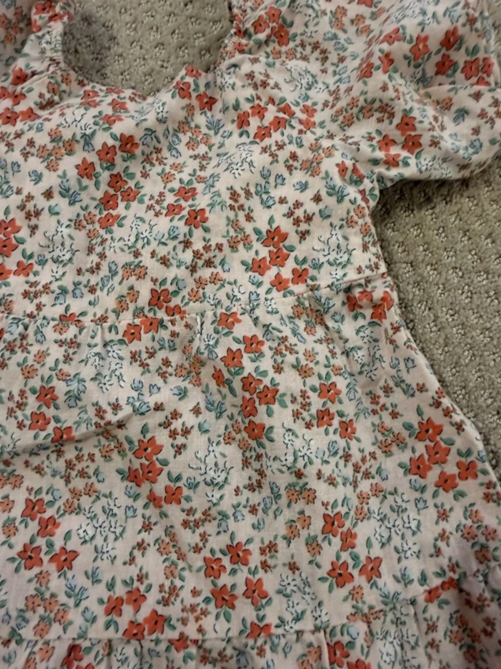 Girls' Floral Puff-Sleeve Dress in Cream and Coral